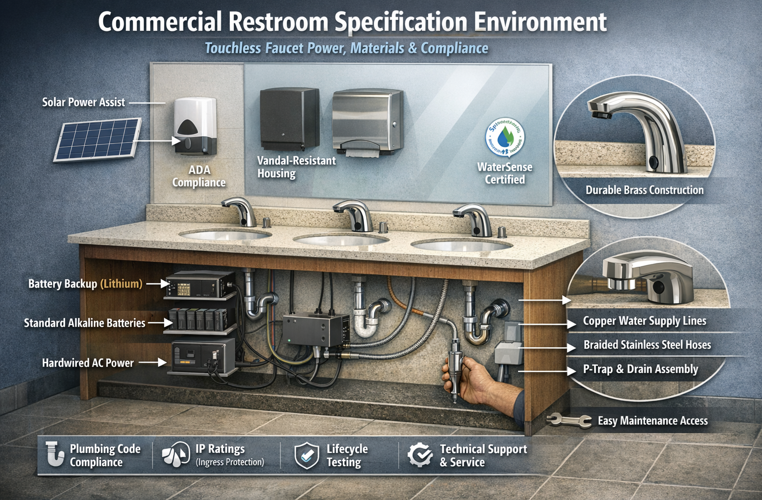 Commercial restroom specification environment illustrating touchless faucet power architecture, materials, and compliance considerations